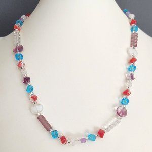 Blue, clear, mauve, red and purple glass necklace